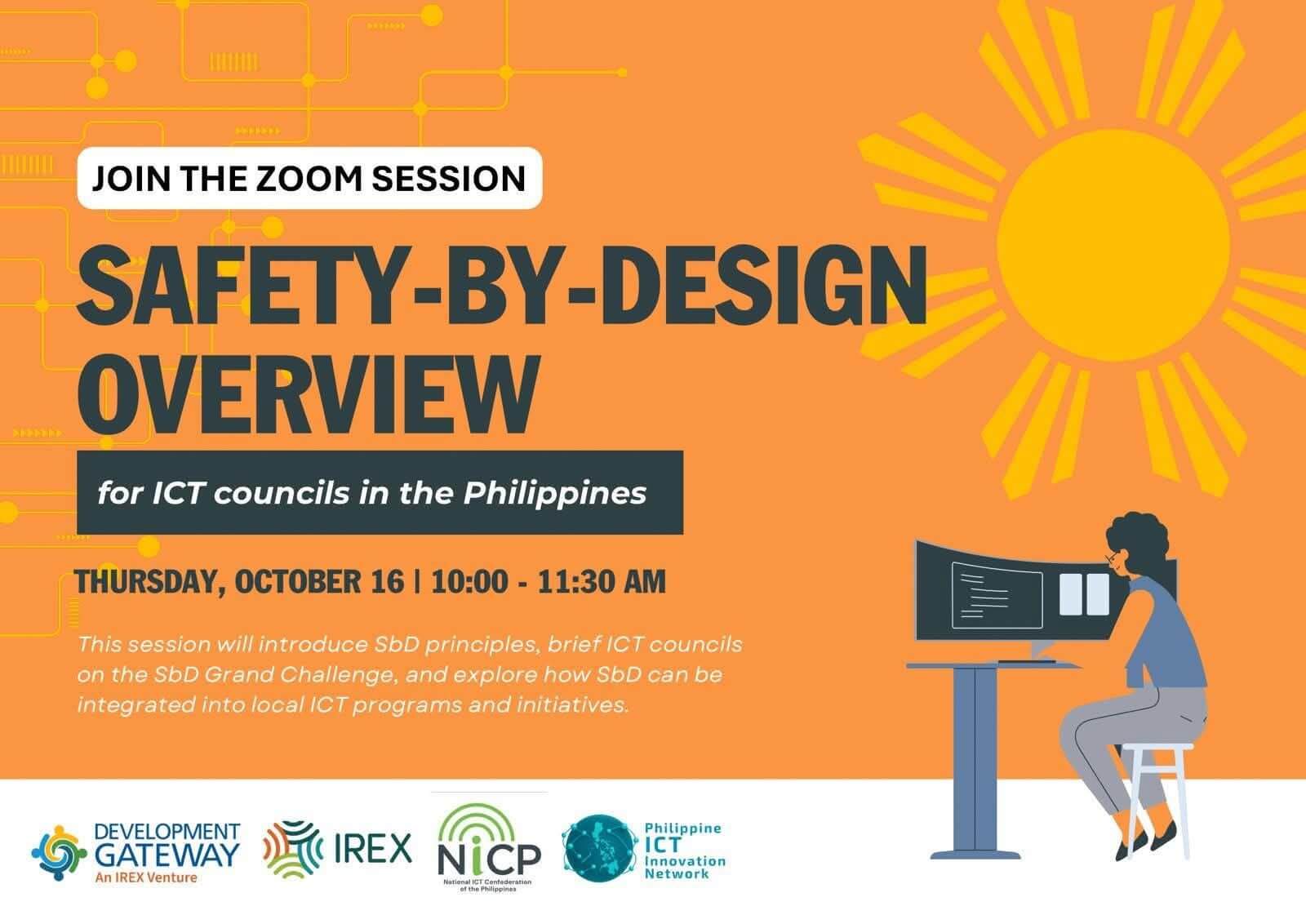 a poster inviting ict councils in the philippines to a secure digital zoom session on safety by design, with date and details.