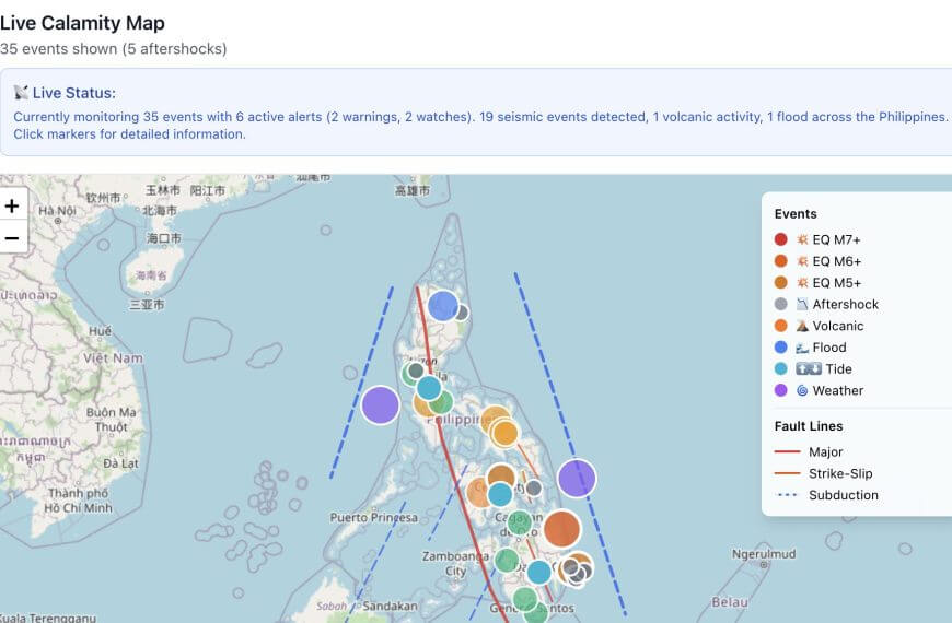 a map of the philippines on the smart disaster risk portal shows event markers for floods, earthquakes, and storms.