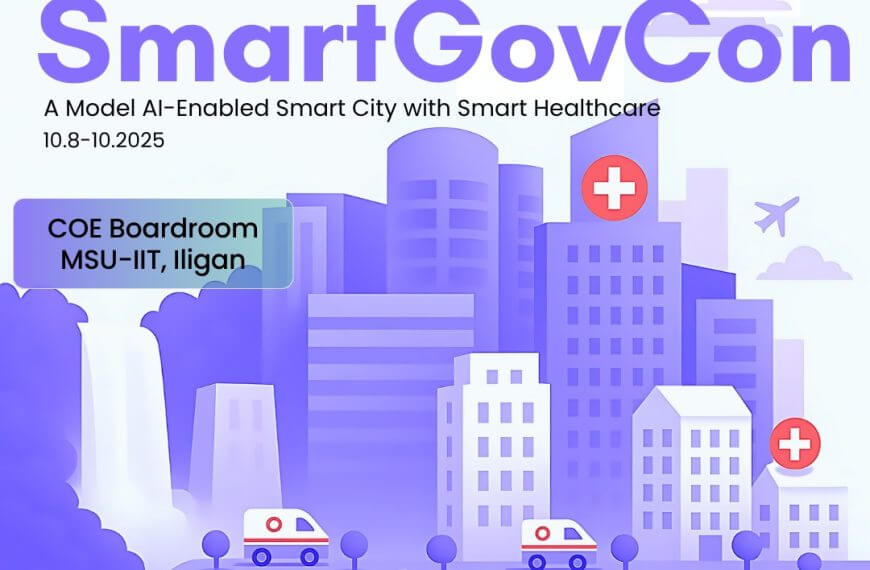 illustration of a smart city with ambulances, hospitals, and event details for smartgovcon at msu iit, iligan.
