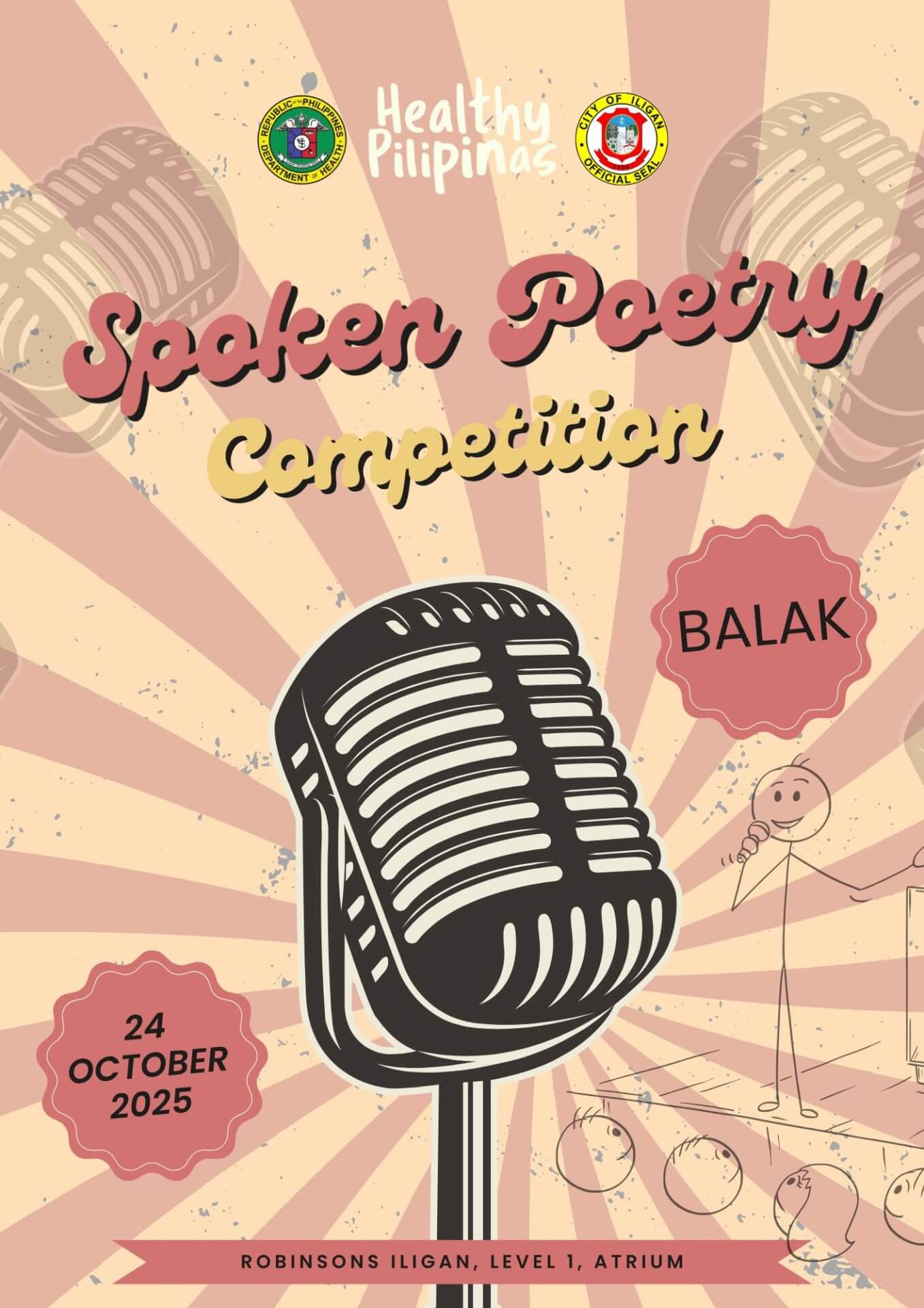 poster for iligan spoken poetry competition on 24 october 2025, featuring a large vintage microphone.