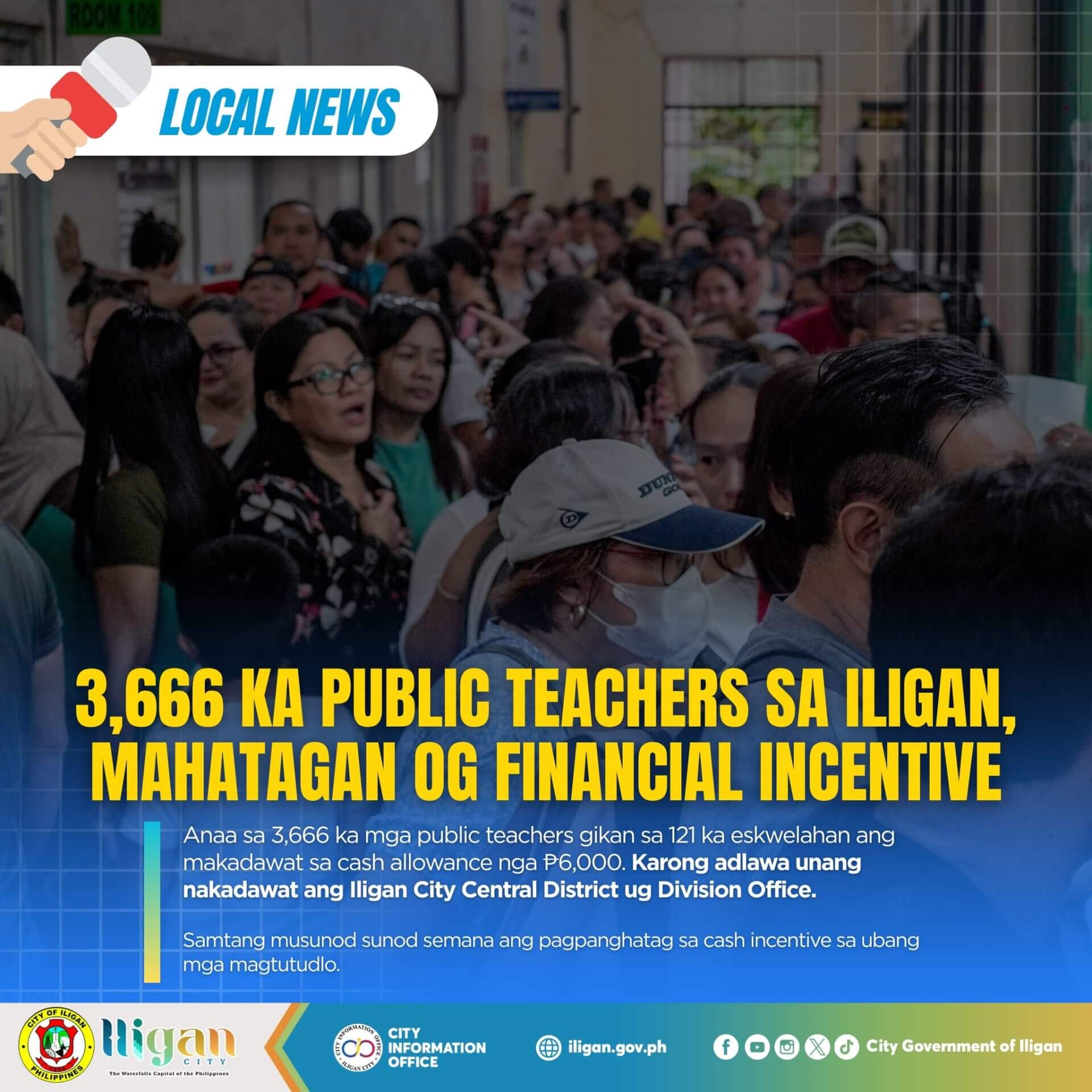 iligan teachers line up for ₱6,000 grant incentive, highlighted by bold yellow headline text in front.