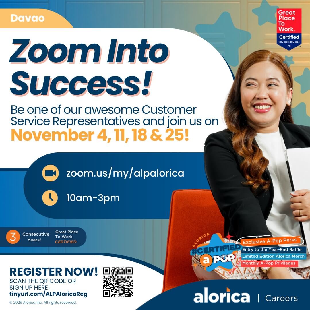 woman smiling in an office chair, zoom into success event details and qr code for alorica job applications shown.