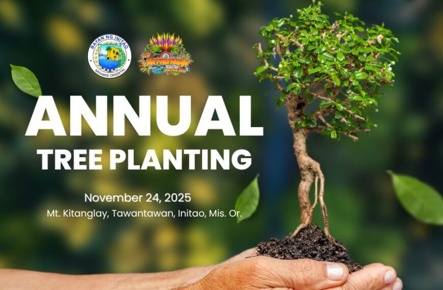 hands hold a small tree with soil; text promotes the initao festival’s annual tree planting on november 24, 2025.