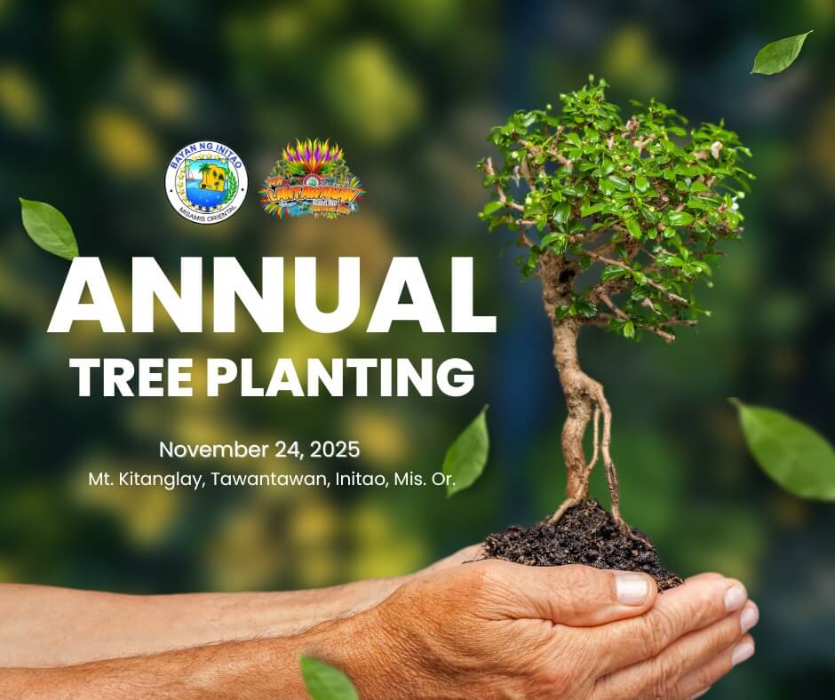 hands hold a small tree with soil; text promotes the initao festival’s annual tree planting on november 24, 2025.