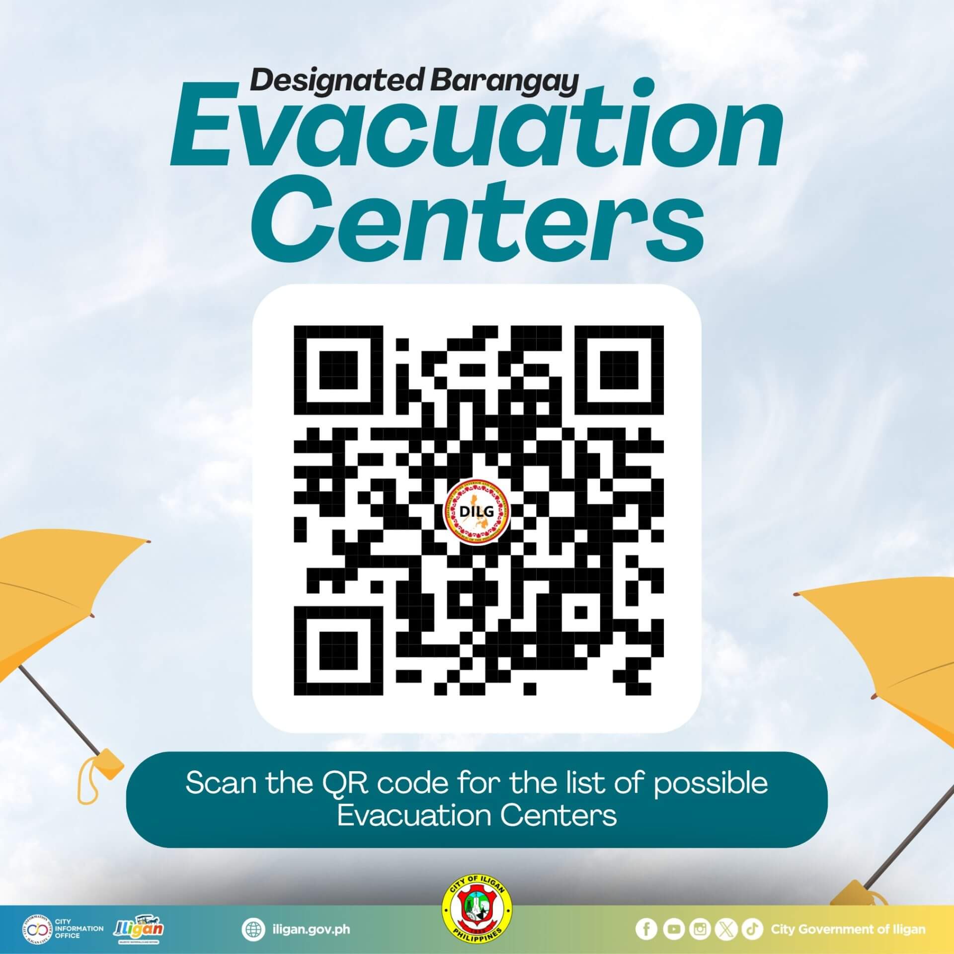 a qr code for a list of iligan barangay evacuation centers, with text and yellow umbrellas on the sides.