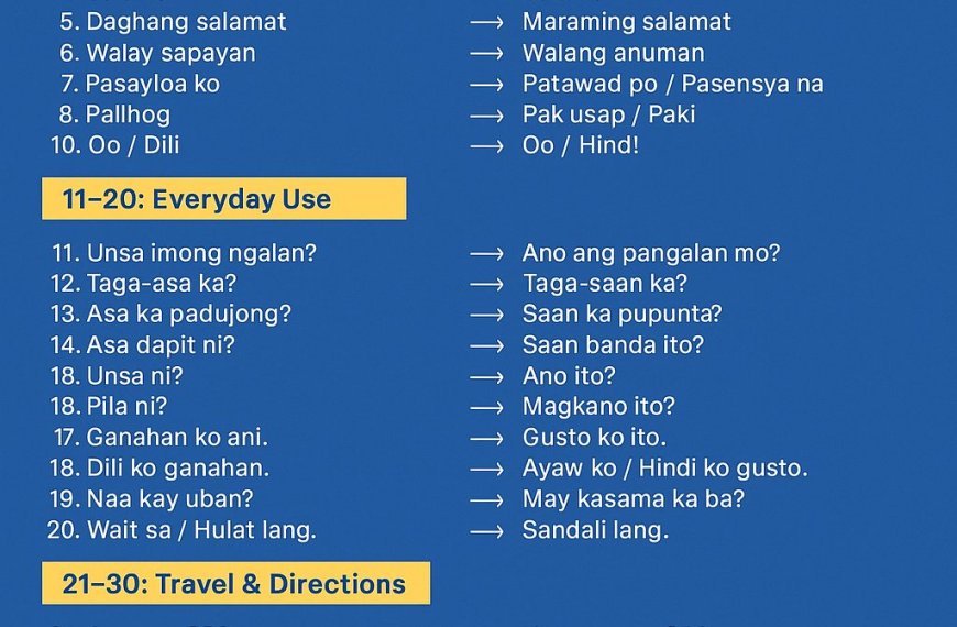 a blue chart of 50 everyday phrases in bisaya language with tagalog translation, grouped by topic in two columns.