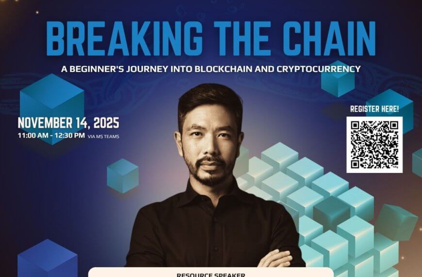 poster for a blockchain education seminar with luis buenaventura, featuring his photo and event details.