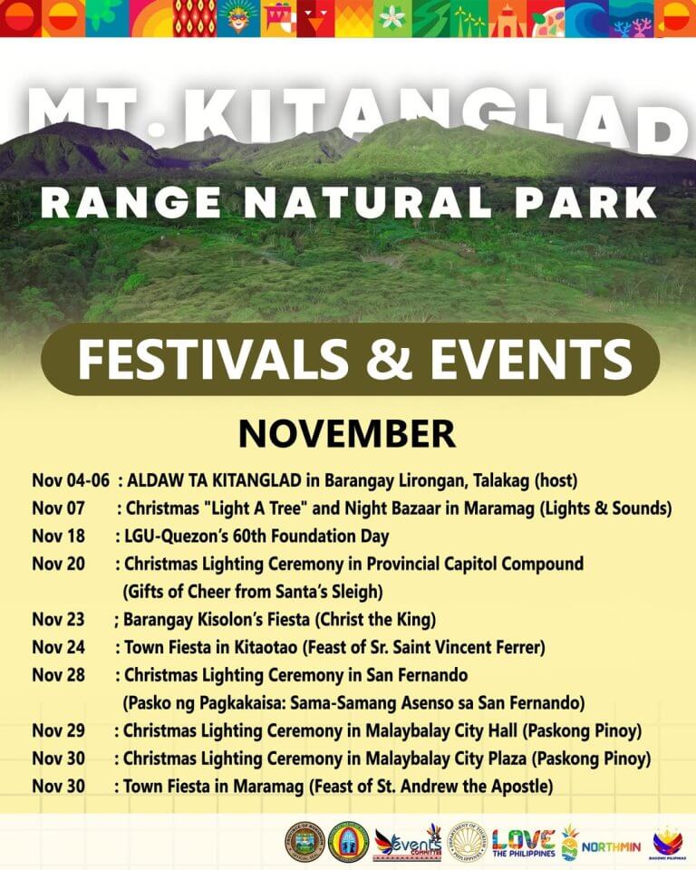 festival poster for mt. kitanglad, featuring cultural events and mountains in the background.