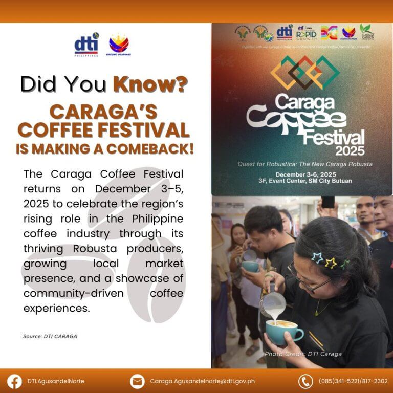 a woman smells coffee beans at the caraga coffee festival; local robusta producers’ event details appear beside her.