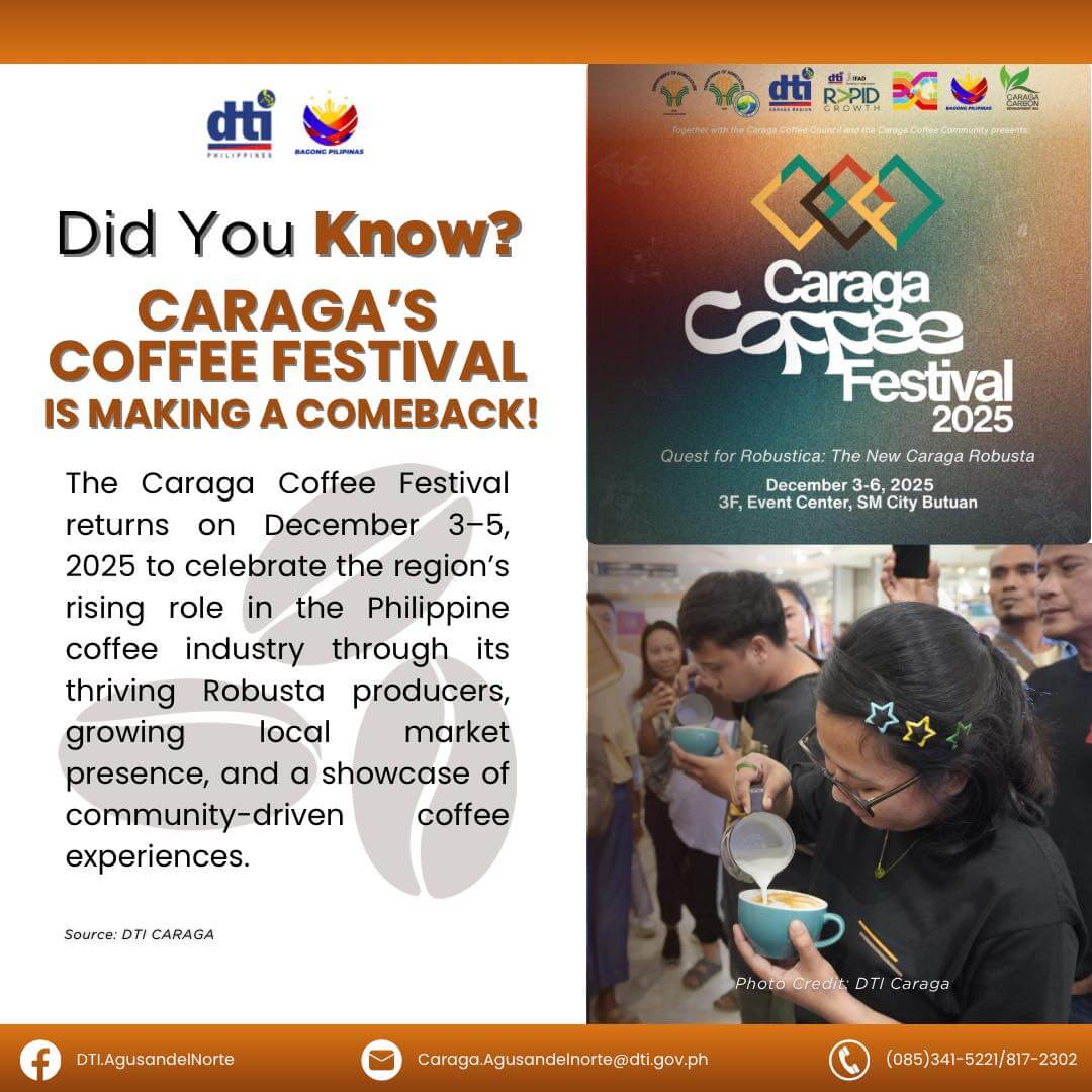 a woman smells coffee beans at the caraga coffee festival; local robusta producers’ event details appear beside her.