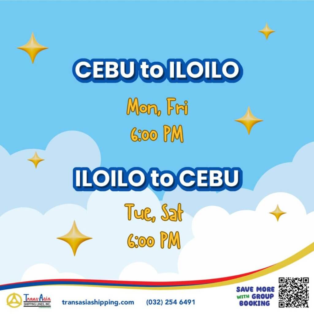 timetable with text: cebu to iloilo mon, fri 6:00 pm; iloilo to cebu tue, sat 6:00 pm; cartoon clouds and stars.