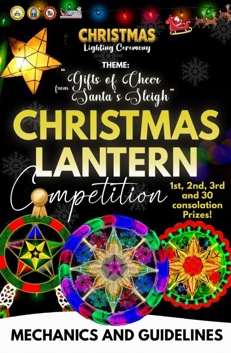 poster for a christmas lantern competition with colorful lanterns, bold text, and festive decorations.