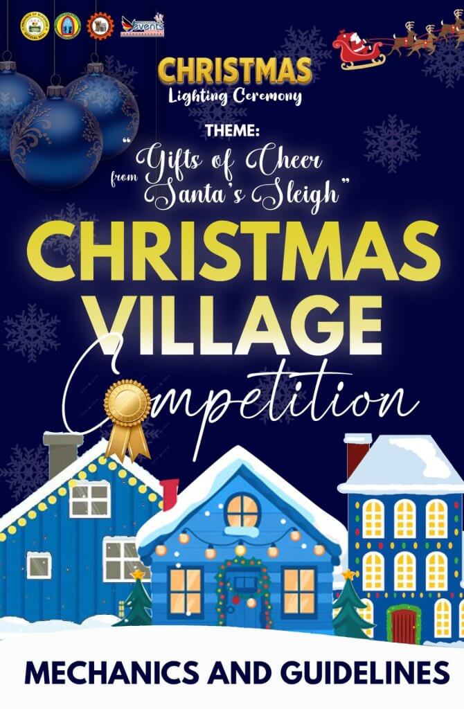 festive poster for bukidnon christmas village competition with snowy houses, lantern competitions, and major prizes.