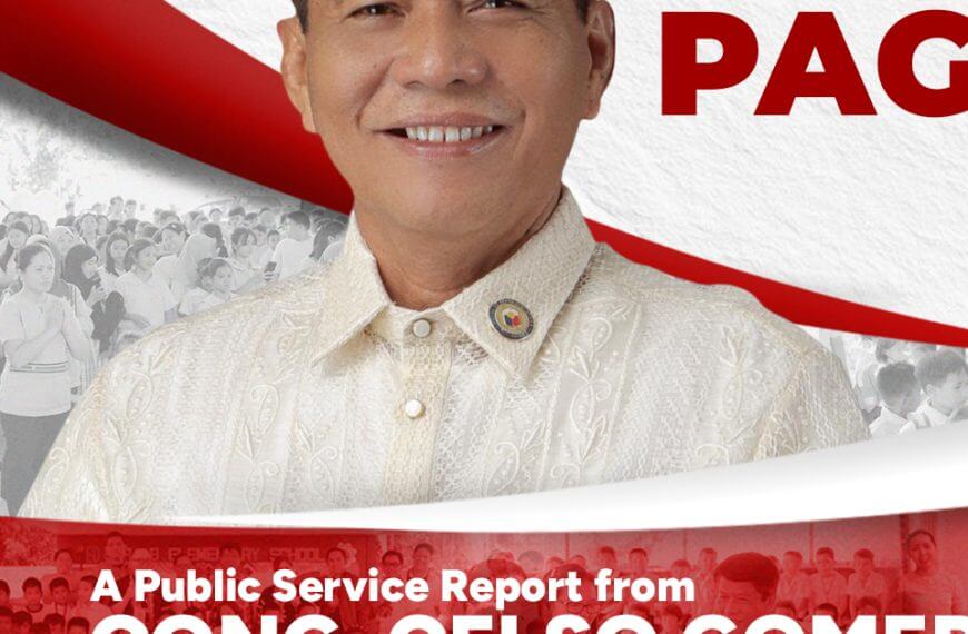 smiling man in a beige barong tagalog with public service report details and red, white, and gray background.