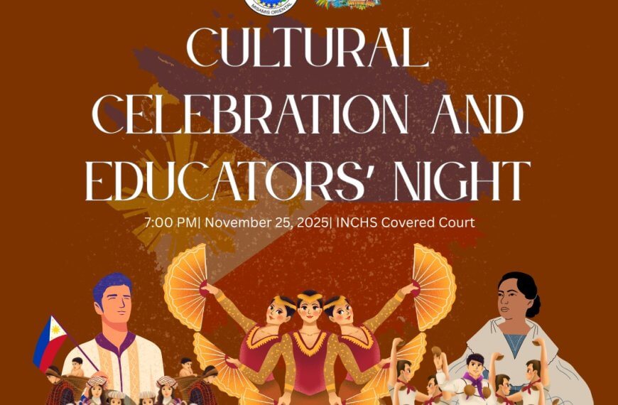 poster for cultural celebration and educators’ night honoring teachers, dancers in filipino attire, and local traditions.