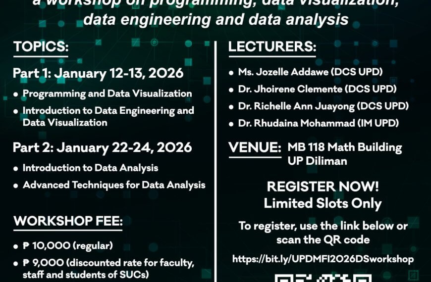 poster for a data science workshop with dates, topics, fees, qr code, and organizer contact info.