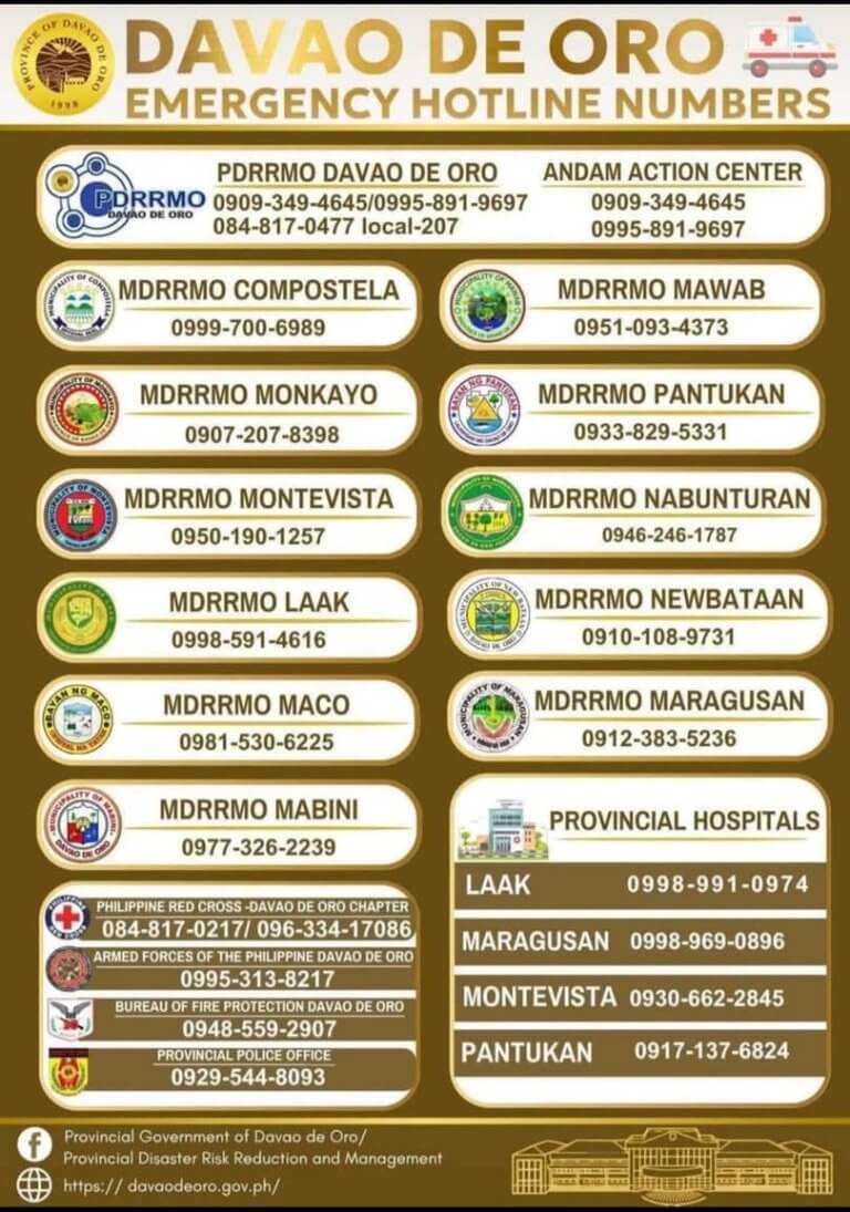 a directory showing davao de oro emergency hotline numbers for various municipalities and agencies.