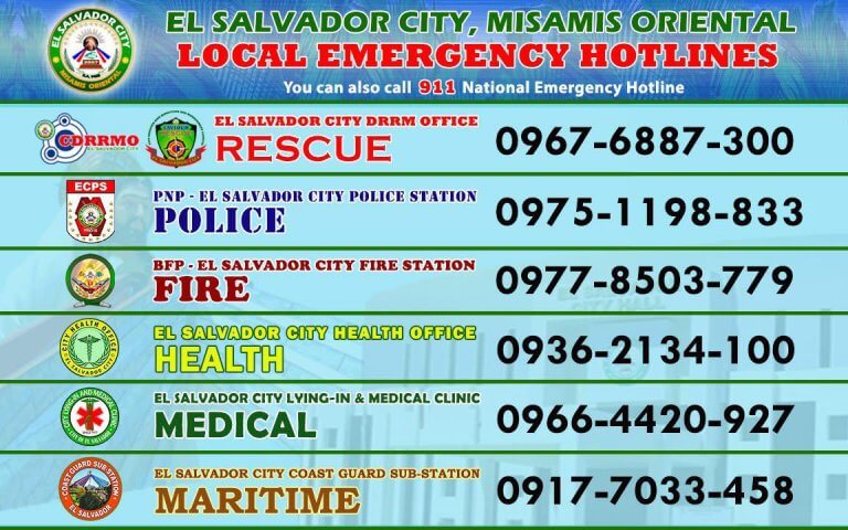 list of el salvador city, misamis oriental emergency hotlines and their phone numbers on a green blue background.