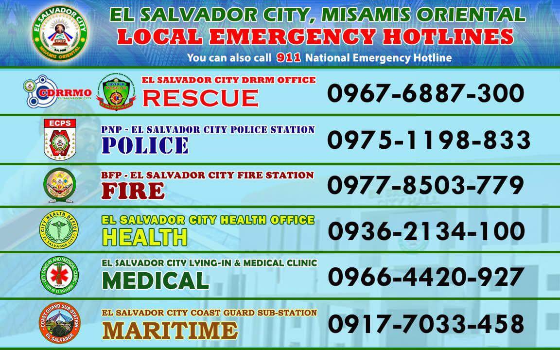 list of el salvador city, misamis oriental emergency hotlines and their phone numbers on a green blue background.