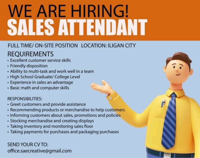 a cheerful man in business attire gestures beside a job ad for a sales attendant in iligan city.
