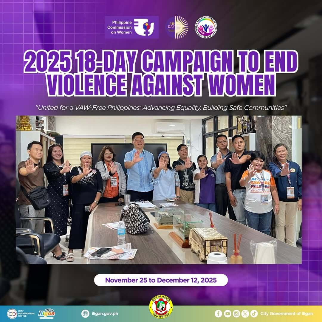 group of people in an iligan office raising hands, promoting the 2025 anti violence against women campaign.