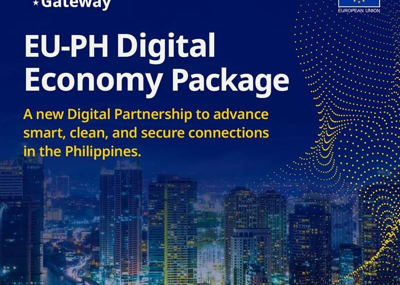 city skyline at night with text about the eu ph digital economy package for smart, secure connections in the philippines.