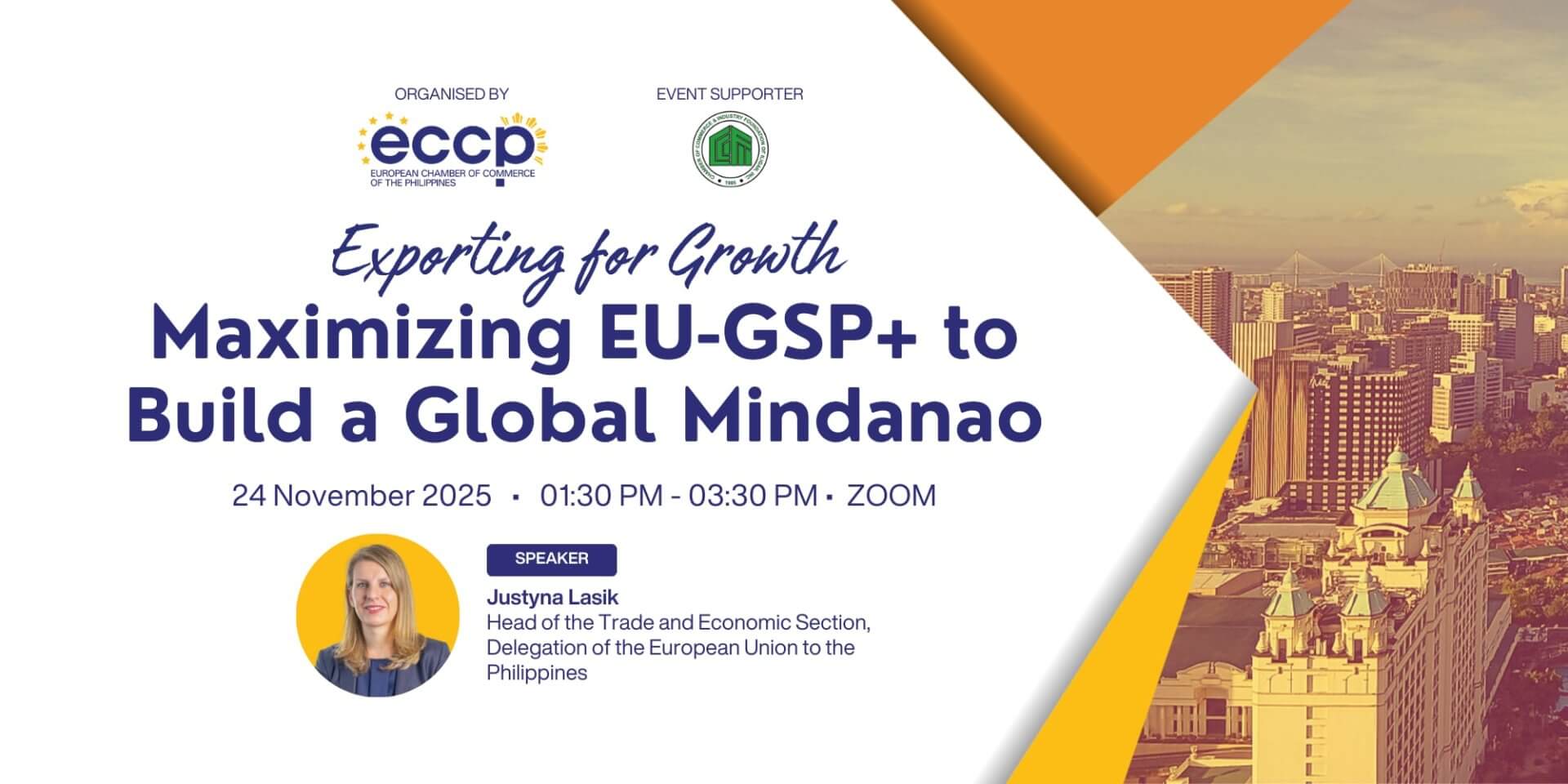 webinar banner: maximizing eu gsp+ to build a global mindanao, with event details and speaker photo.