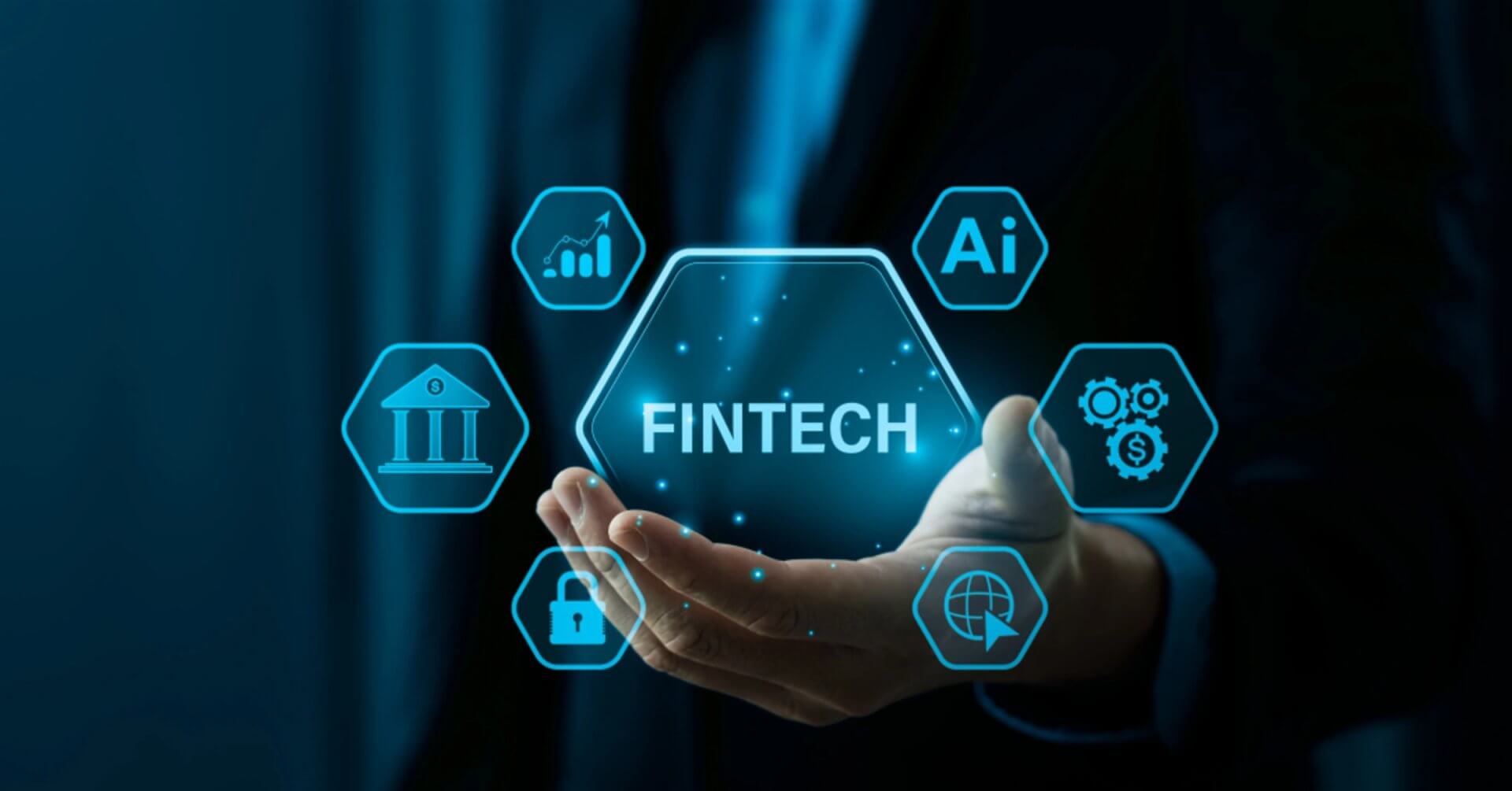 a person holding a glowing fintech hexagon, surrounded by digital finance and banking icons.