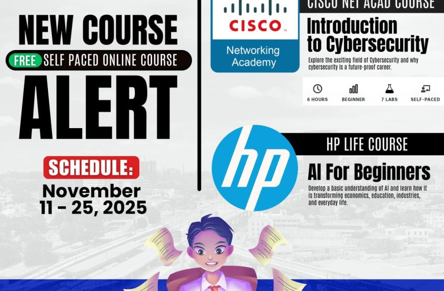 a student uses a laptop as digital icons float around; text promotes cybersecurity and ai courses, november 2025.