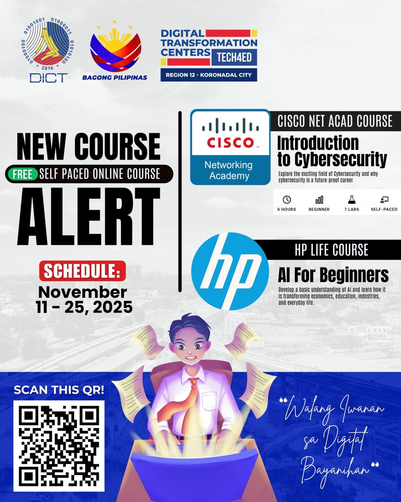 a student uses a laptop as digital icons float around; text promotes cybersecurity and ai courses, november 2025.