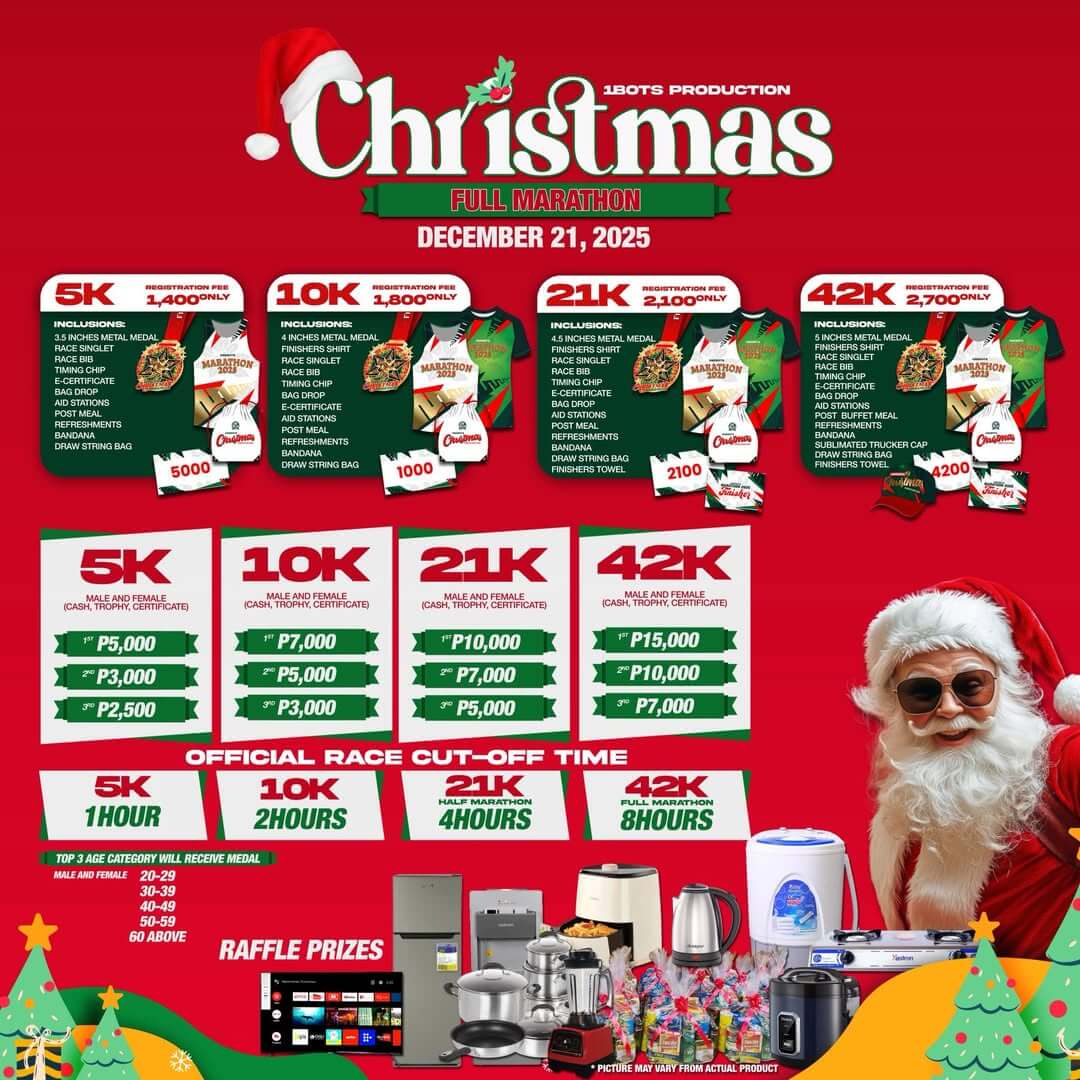 christmas marathon event poster with race details, prizes, race kits, and a dog in sunglasses and santa hat.