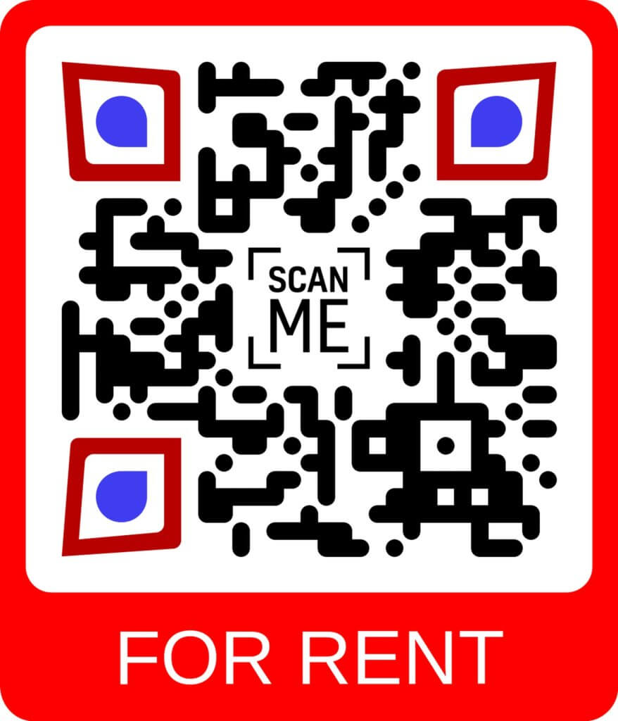 qr code with “scan me” in the center and “for rent” below—prime ground floor space at george center.