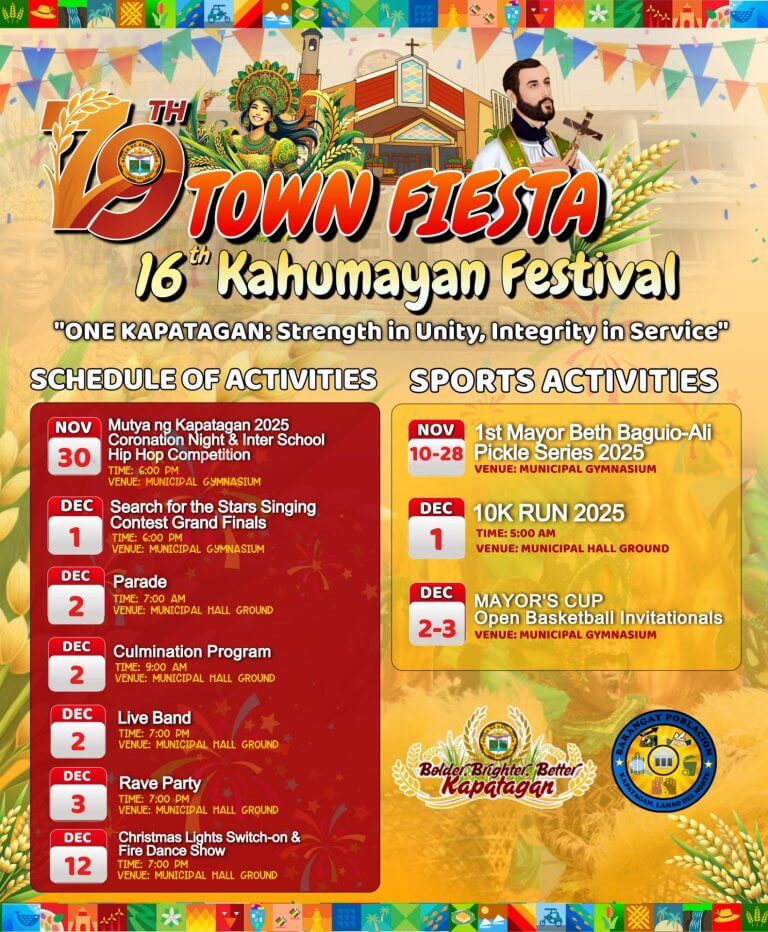 colorful poster for the 16th kahumayan festival, showing event and sports schedules, with festive graphics.