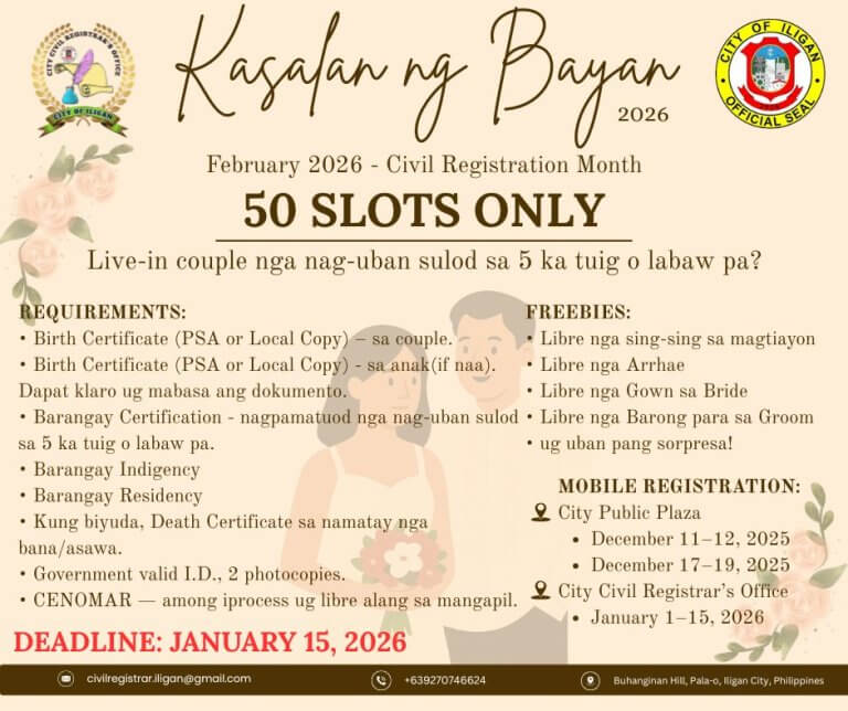 event poster for kasalan ng bayan: civil registration details, deadlines, and a 50 couple slot limit.