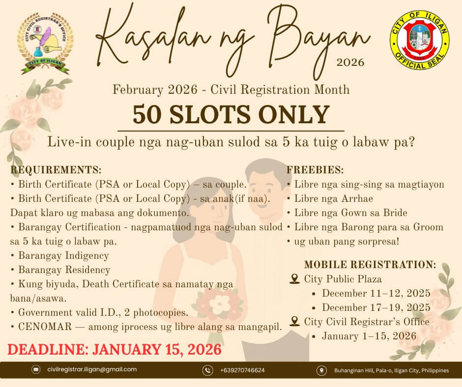 event poster for kasalan ng bayan: civil registration details, deadlines, and a 50 couple slot limit.