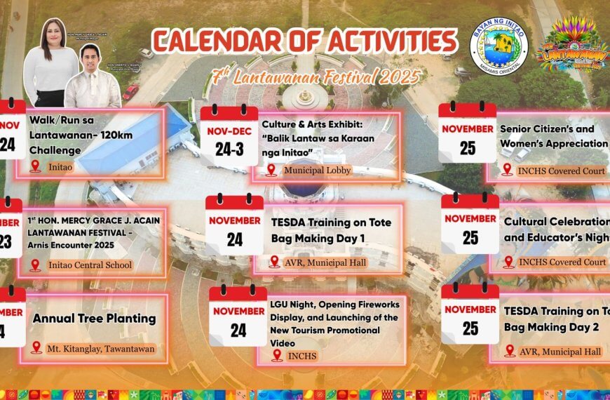 colorful festival schedule with dates, events, and photos of officials over a town aerial background.