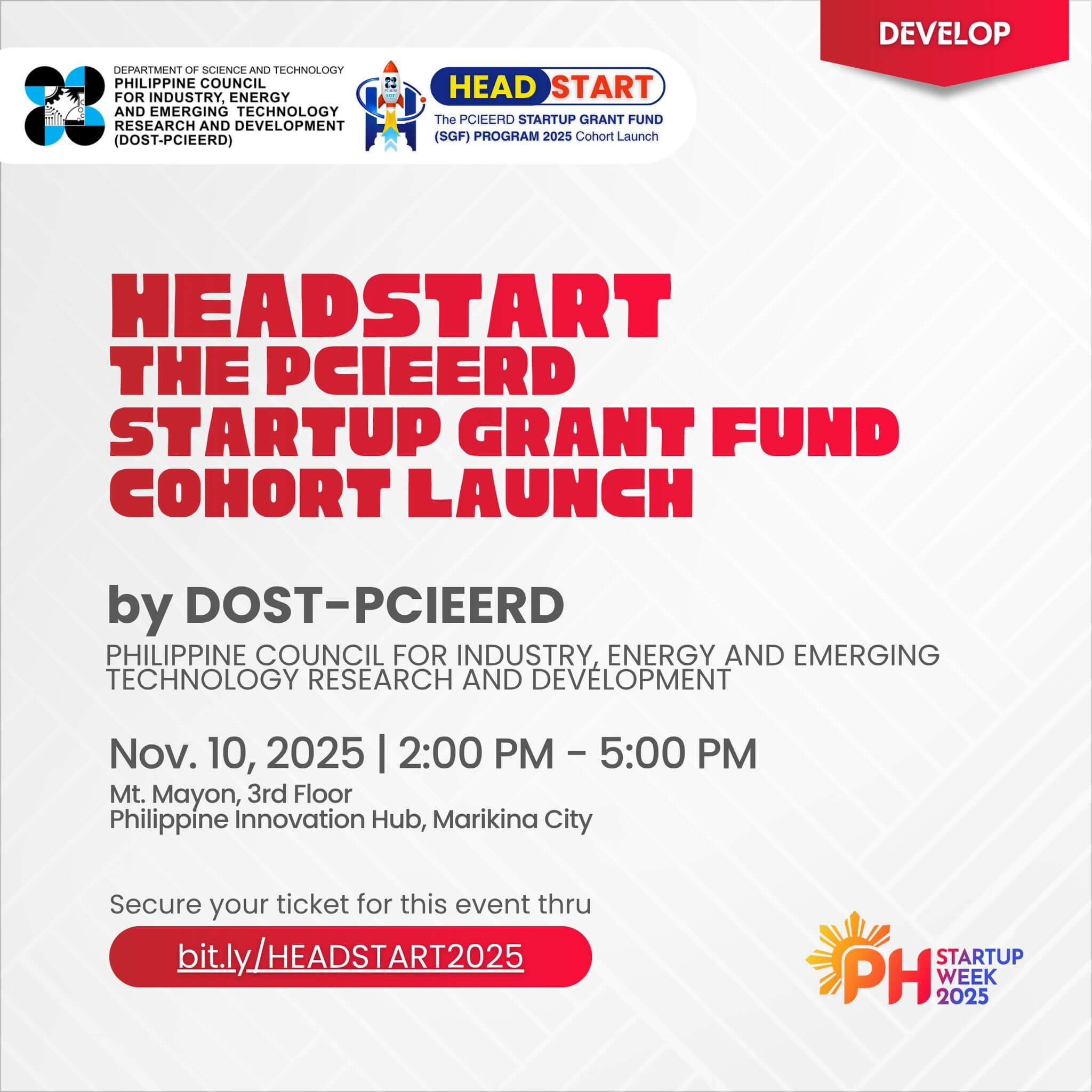 event poster for headstart 2025 startup grant fund launch, nov 10, 2pm, marikina city at philippine startup week.