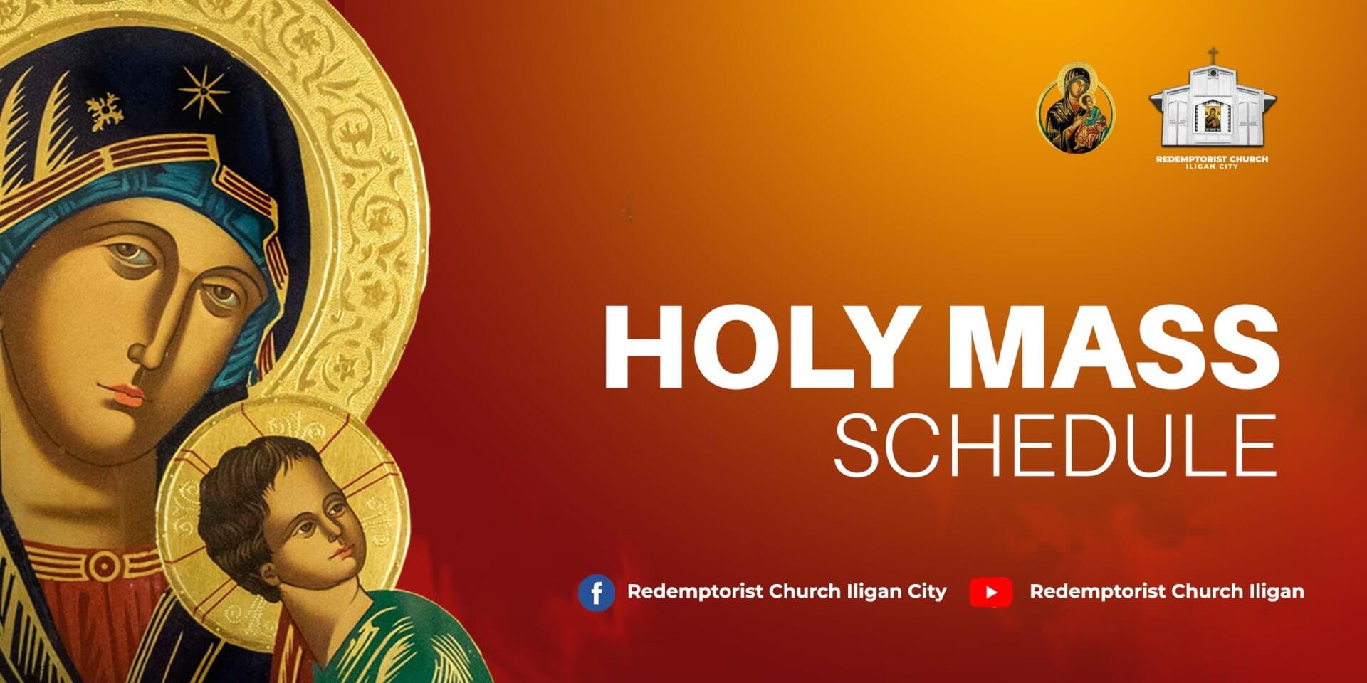 byzantine mary and jesus on left, mass schedule for redemptorist church iligan city, icons of mother of perpetual help below.