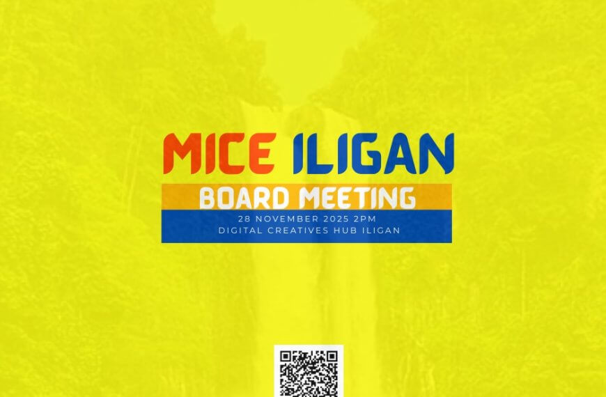 yellow poster for mice iligan board meeting, 28 nov 2023, 2pm at digital creatives hub—explore business tourism.