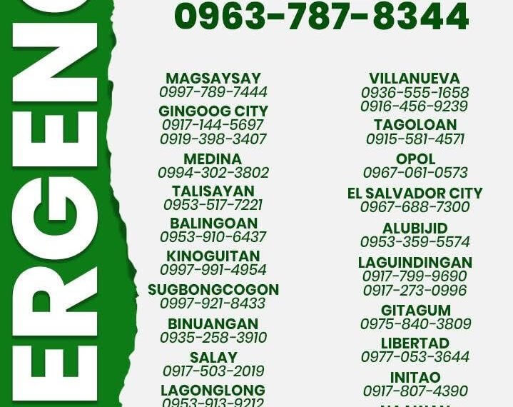 green and white poster listing emergency hotlines in misamis oriental with various city and town contact numbers.