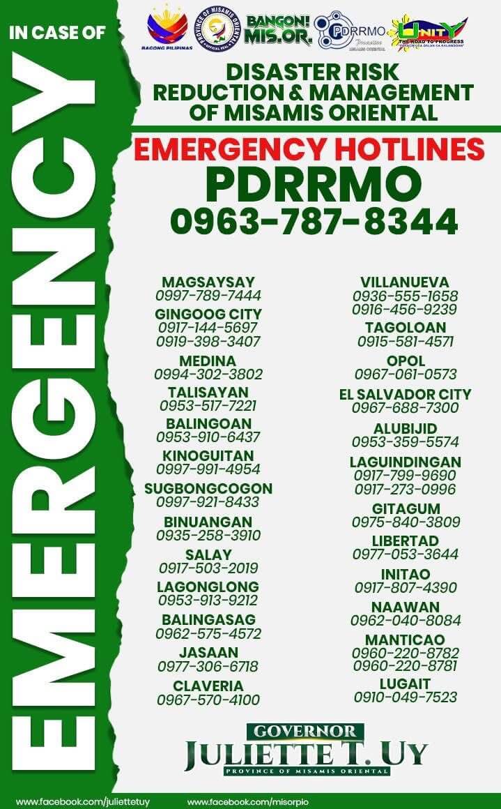 green and white poster listing emergency hotlines in misamis oriental with various city and town contact numbers.