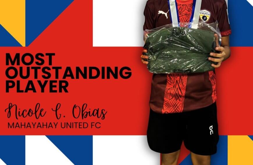 young girl in maroon soccer kit smiles, holding a medal and prize; text reads most outstanding player.