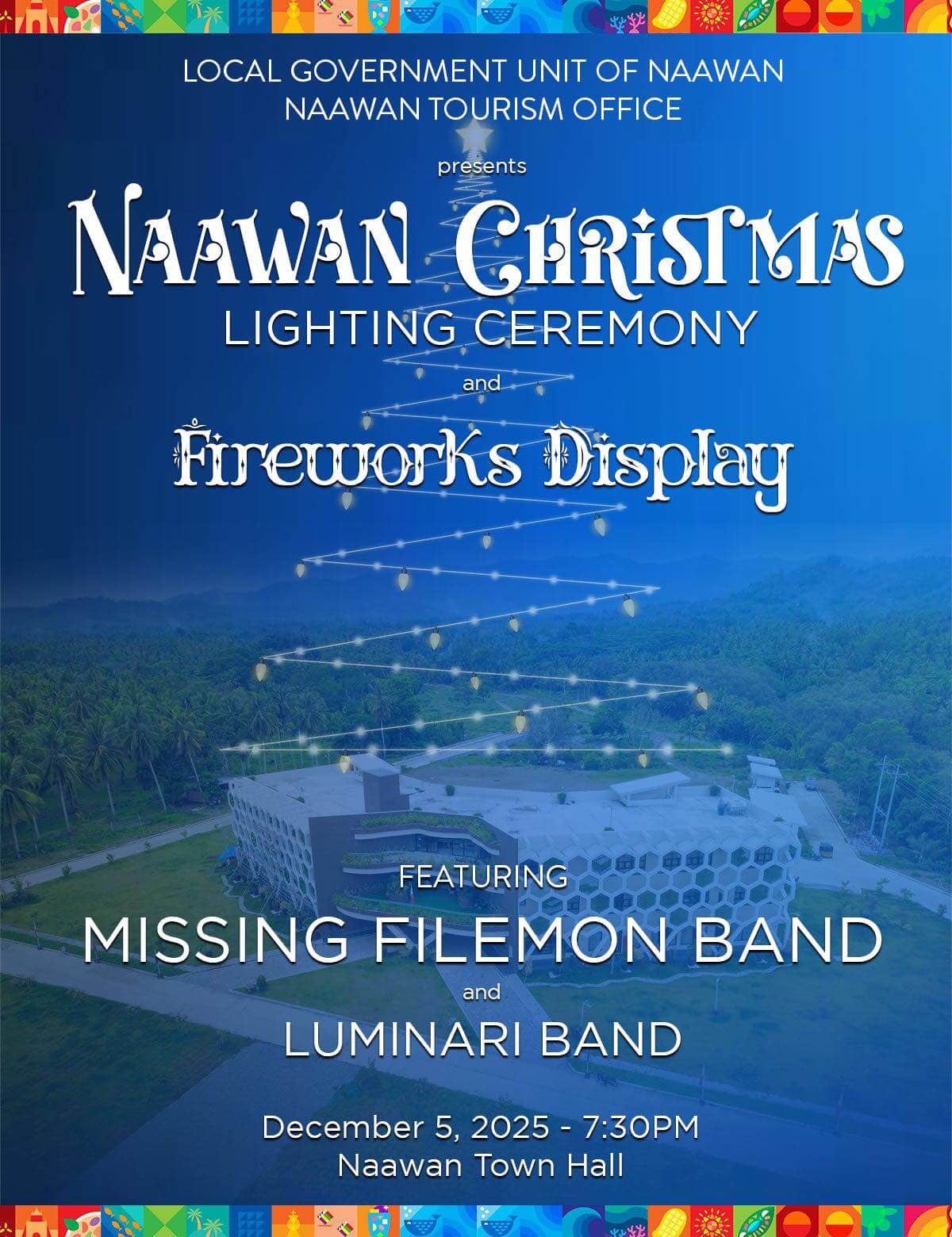poster for naawan christmas lighting ceremony and fireworks display this december 5, 2025, at naawan town hall.