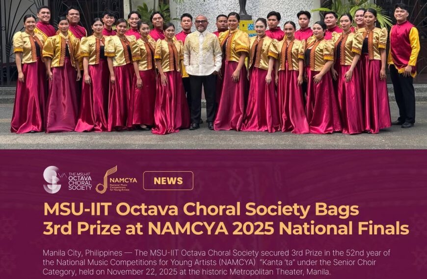 the msu iit octava choral society, mindanao pride, smiles in yellow and maroon before a statue at namcya nationals.