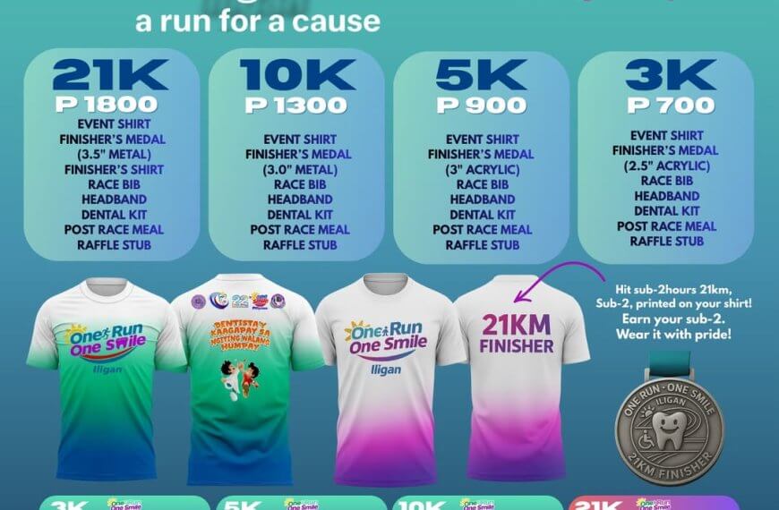 colorful one run one smile iligan poster highlights race details, medals, shirts, and promotes community wellness.
