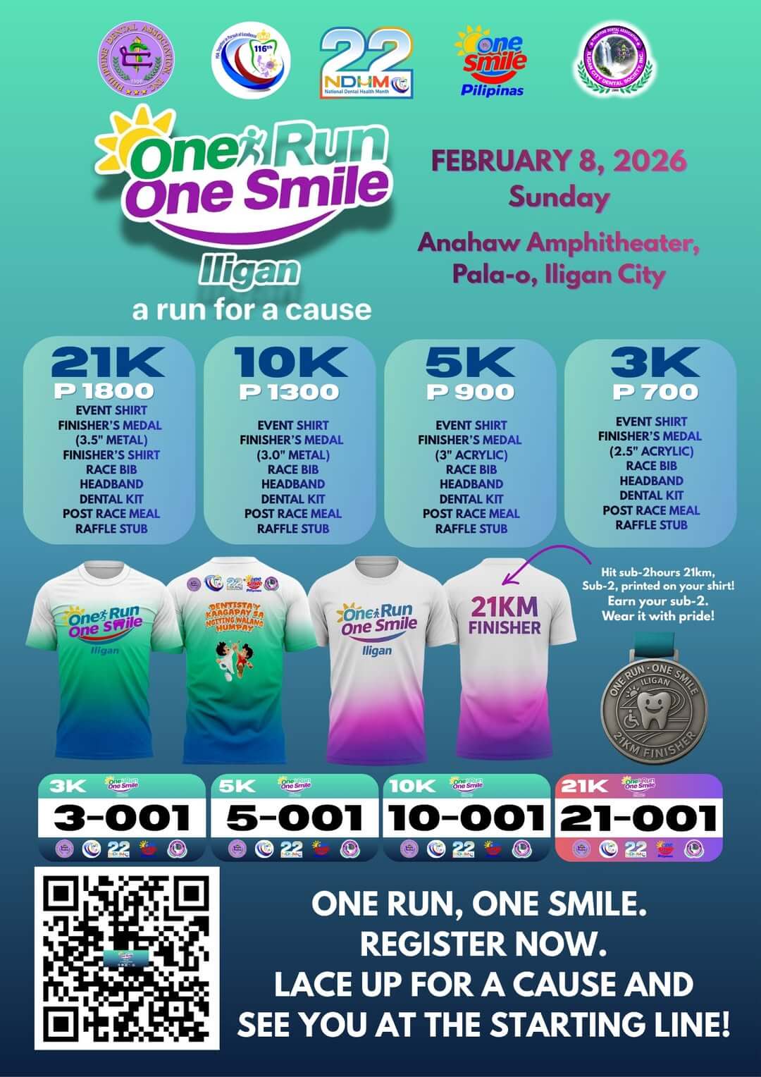 colorful one run one smile iligan poster highlights race details, medals, shirts, and promotes community wellness.