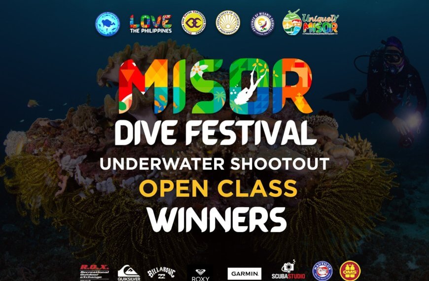 colorful poster for the misor dive festival underwater shootout open class winners, with a coral reef background.