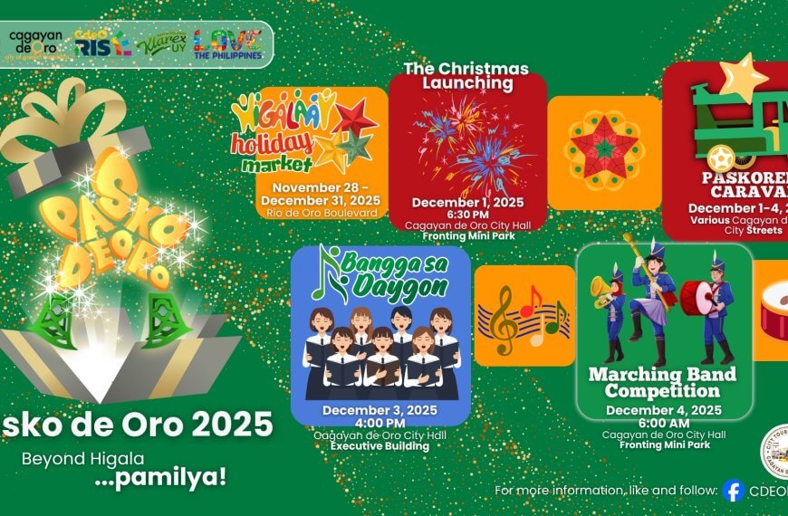 colorful pasko de oro 2025 event poster with a gift box and festive calendar details in cagayan de oro.