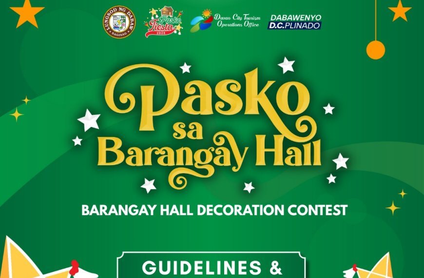 green poster with stars, lanterns, and text for a barangay hall christmas decoration contest guidelines.