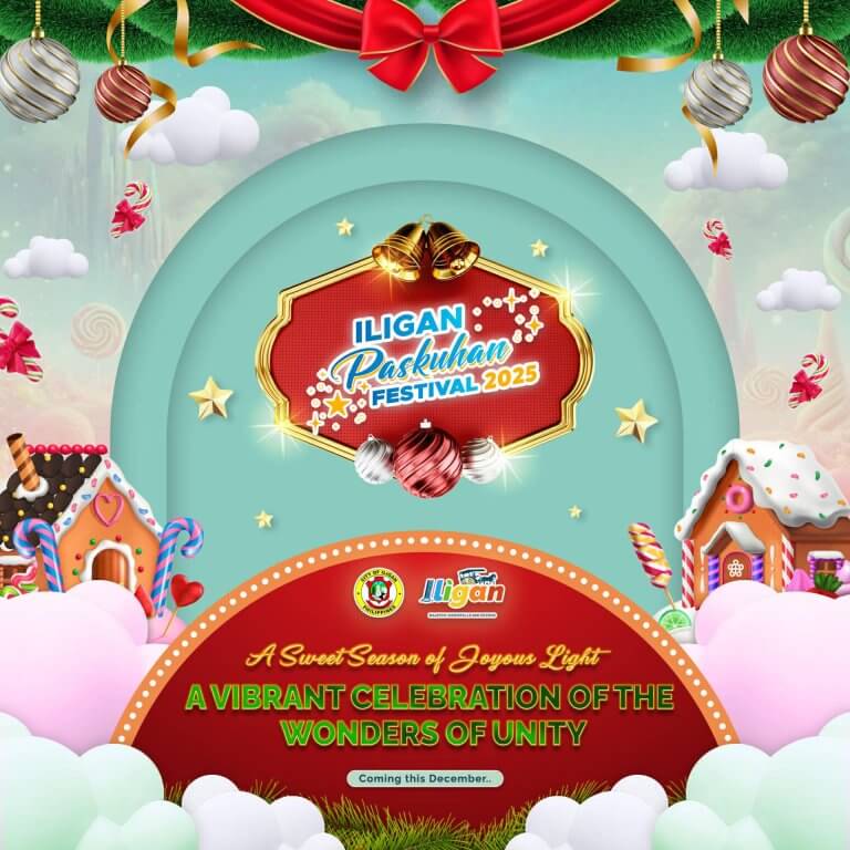 colorful poster for iligan paskuhan festival 2025, with festive sweets, ribbons, and holiday decorations.